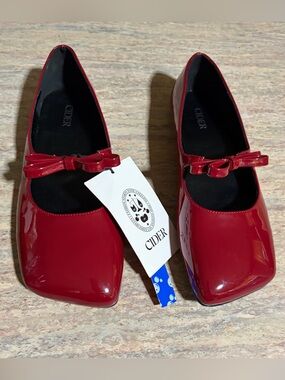 NWT CIDER Burgundy Red Bow Square-Toe Mary Jane Ballet Flat Shoes